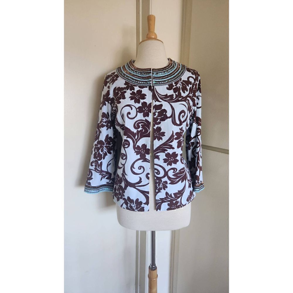 Victor Costa Occasion Pale Blue and Chocolate Brown Beaded Jacket, Sz. S, EUC